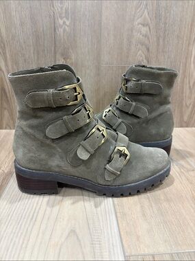 Blondo B7307375 Verity Olive Suede Four Buckle Ankle Zip Boots Waterproof 8.5